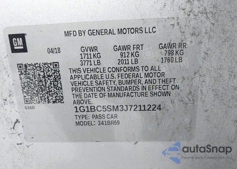 2018 Chevrolet Cruze Ls Auto z USA, uszkodzony, nr VIN 1G1BC5SM3J7211224